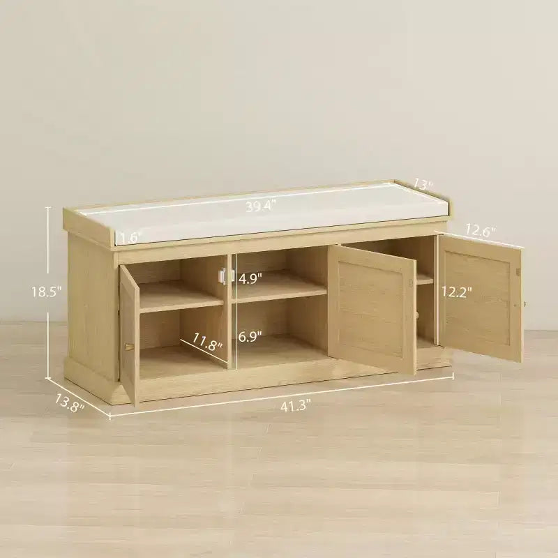 Panca scarpiera in stile rustico con ante in rattan intrecciato, piccola panca da ingresso con cuscino rimovibile in lino per piccoli spazi