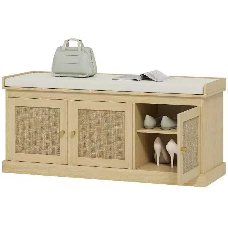 Panca scarpiera in stile rustico con ante in rattan intrecciato, piccola panca da ingresso con cuscino rimovibile in lino per piccoli spazi