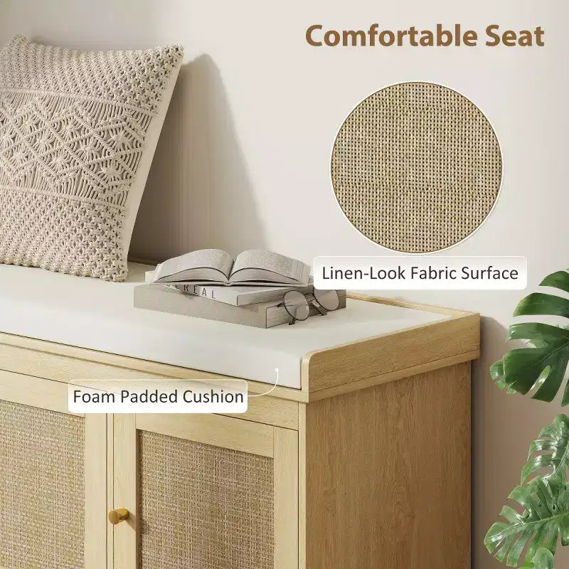 Panca scarpiera in stile rustico con ante in rattan intrecciato, piccola panca da ingresso con cuscino rimovibile in lino per piccoli spazi