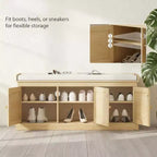 Panca scarpiera in stile rustico con ante in rattan intrecciato, piccola panca da ingresso con cuscino rimovibile in lino per piccoli spazi