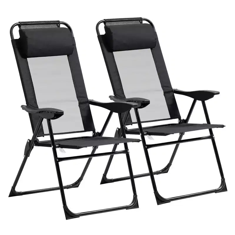 Ensemble de 2 chaises de salle à manger pliantes pour patio, chaise de terrasse extérieure avec dossier inclinable réglable, chaise de camping avec appui-tête amovible pour jardin, arrière-cour, noir