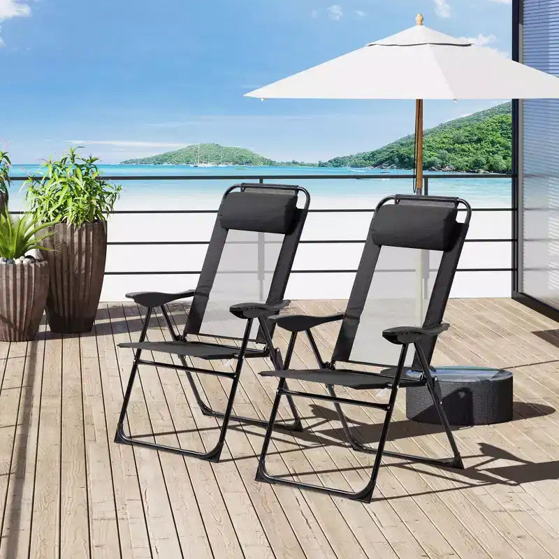 Ensemble de 2 chaises de salle à manger pliantes pour patio, chaise de terrasse extérieure avec dossier inclinable réglable, chaise de camping avec appui-tête amovible pour jardin, arrière-cour, noir