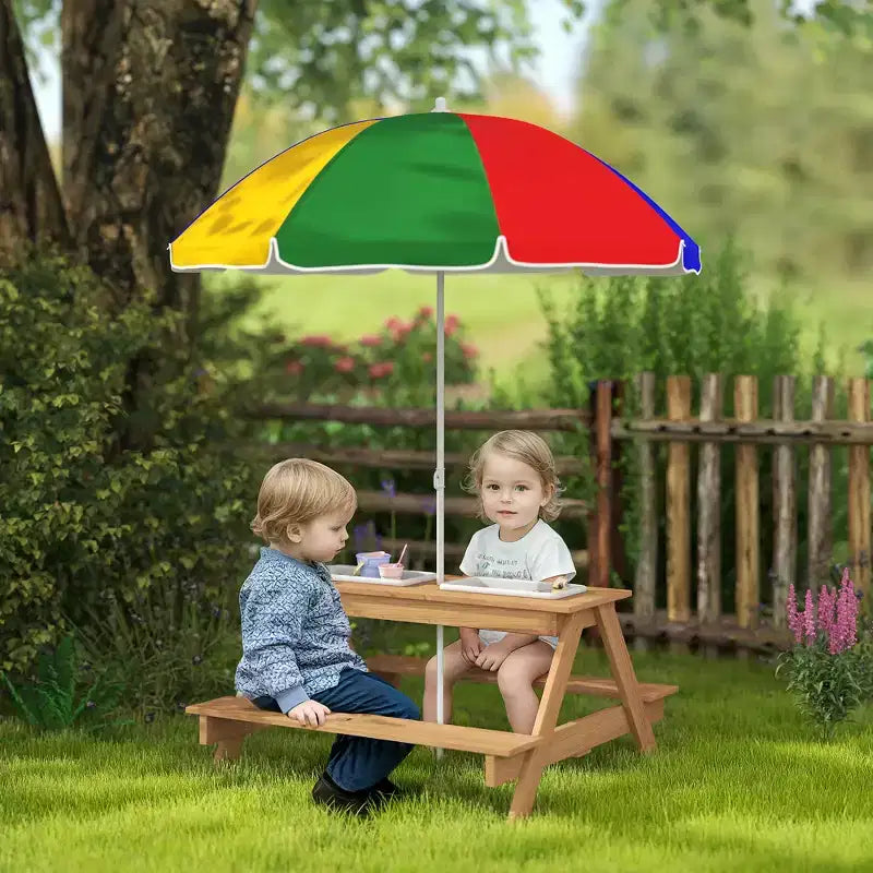 Tavolo da Picnic per Bambini in Legno per Esterni con Ombrellone Rimovibile, Tavolo Attività Sabbia e Acqua per Bambini da Patio, Colori Misti