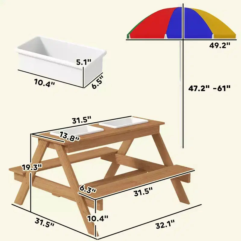 Tavolo da Picnic per Bambini in Legno per Esterni con Ombrellone Rimovibile, Tavolo Attività Sabbia e Acqua per Bambini da Patio, Colori Misti
