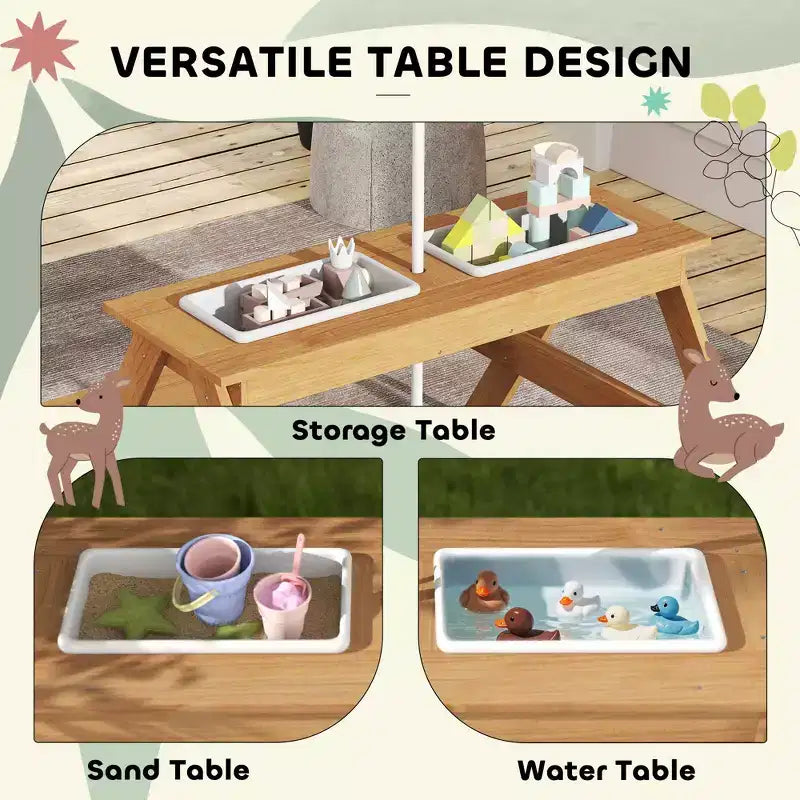 Tavolo da Picnic per Bambini in Legno per Esterni con Ombrellone Rimovibile, Tavolo Attività Sabbia e Acqua per Bambini da Patio, Colori Misti
