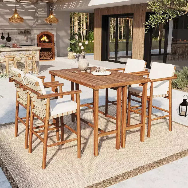 GDFStudio Carter Set da Pranzo da Esterno Moderno da 6 Pezzi in Legno di Acacia con Tavolo Altezza Bar e Sgabelli