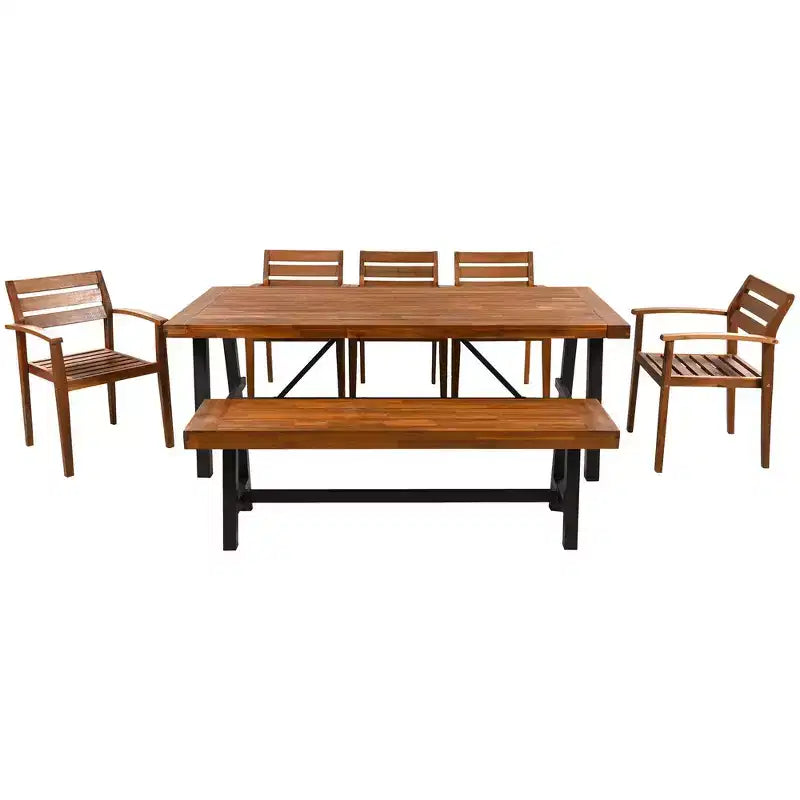 Set da pranzo rustico per esterni Whisen da 7 pezzi - 8 posti a sedere, set di mobili da giardino con cuscini rimovibili, sedie e panca, resistente alle intemperie - Naturale