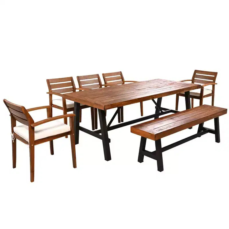 Set da pranzo rustico per esterni Whisen da 7 pezzi - 8 posti a sedere, set di mobili da giardino con cuscini rimovibili, sedie e panca, resistente alle intemperie - Naturale