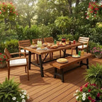 Set da pranzo rustico per esterni Whisen da 7 pezzi - 8 posti a sedere, set di mobili da giardino con cuscini rimovibili, sedie e panca, resistente alle intemperie - Naturale