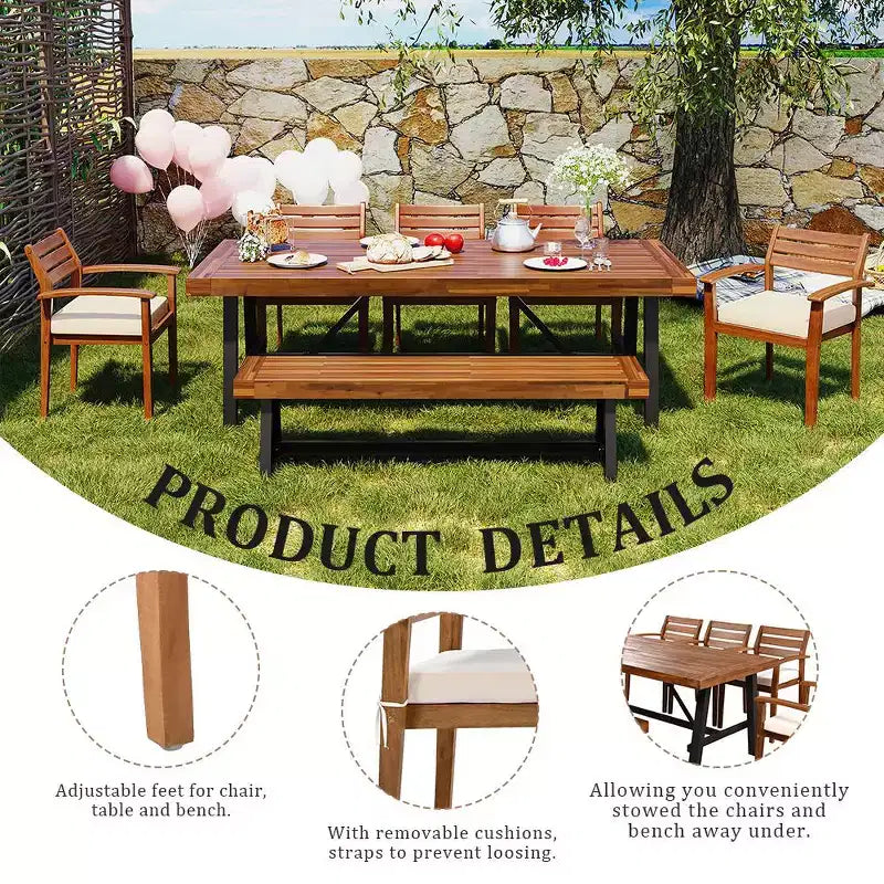 Set da pranzo rustico per esterni Whisen da 7 pezzi - 8 posti a sedere, set di mobili da giardino con cuscini rimovibili, sedie e panca, resistente alle intemperie - Naturale