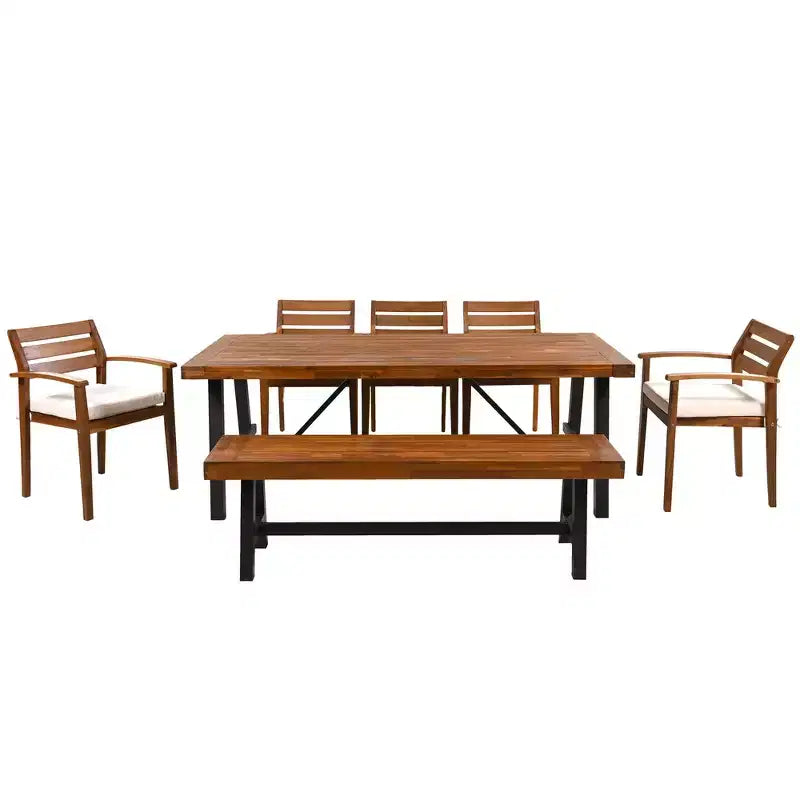 Set da pranzo rustico per esterni Whisen da 7 pezzi - 8 posti a sedere, set di mobili da giardino con cuscini rimovibili, sedie e panca, resistente alle intemperie - Naturale