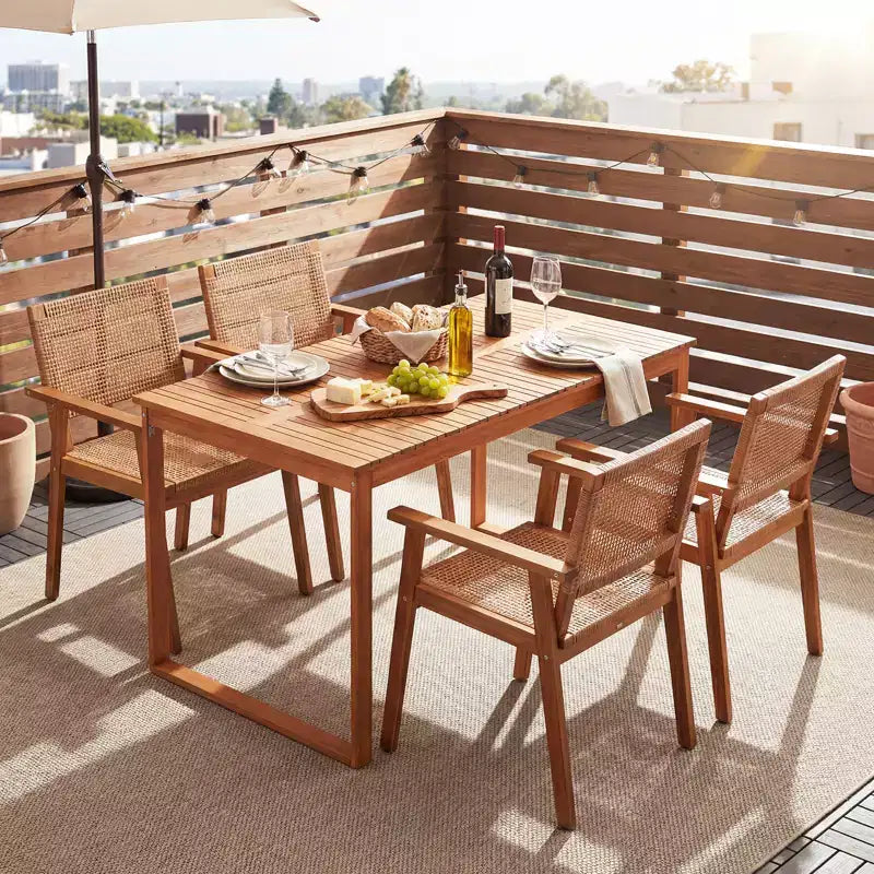 Ensemble de salle à manger 5 pièces en bois d'acacia Gymax avec table et chaises en rotin pour balcon ou piscine