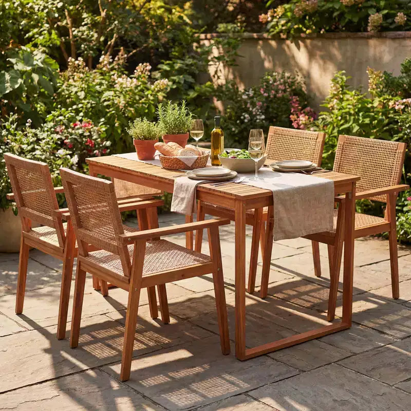 Ensemble de salle à manger 5 pièces en bois d'acacia Gymax avec table et chaises en rotin pour balcon ou piscine