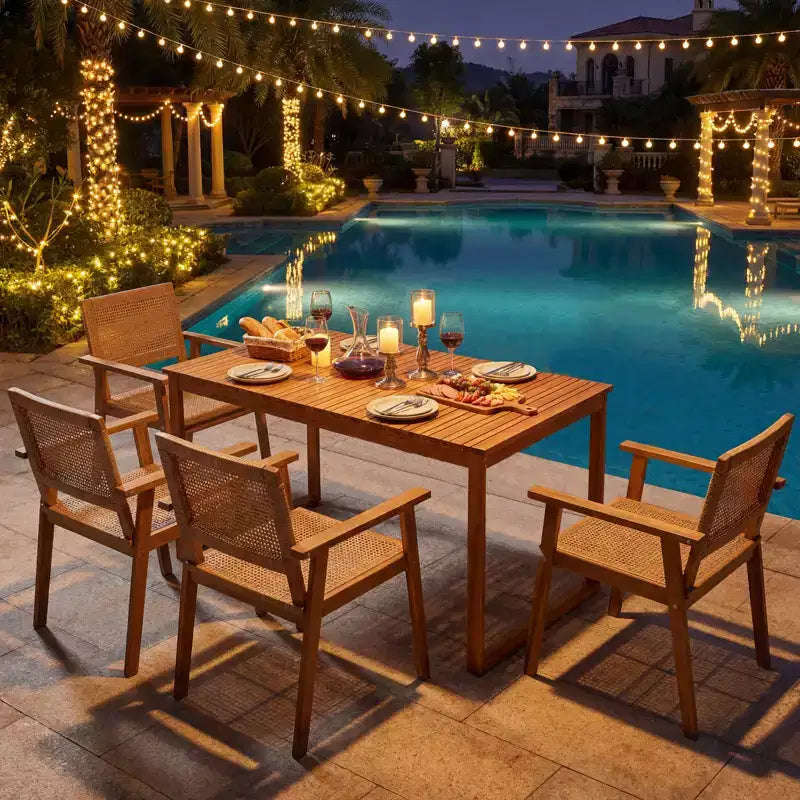 Ensemble de salle à manger 5 pièces en bois d'acacia Gymax avec table et chaises en rotin pour balcon ou piscine