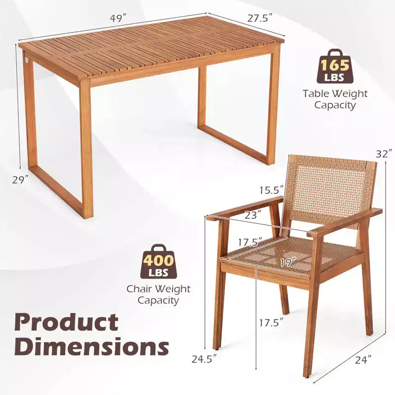 Ensemble de salle à manger 5 pièces en bois d'acacia Gymax avec table et chaises en rotin pour balcon ou piscine