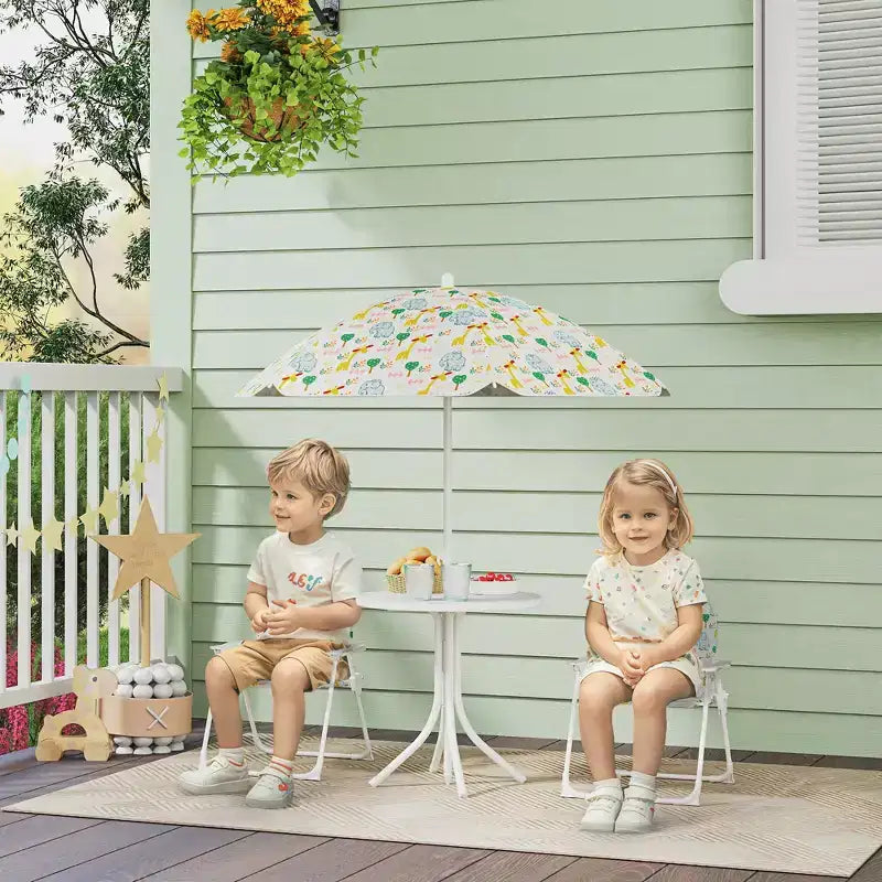 Set Tavolo e Sedie da Picnic per Bambini, Tavolo per Attività All'aperto con Sedie Pieghevoli, Ombrellone Rimovibile per Giardino