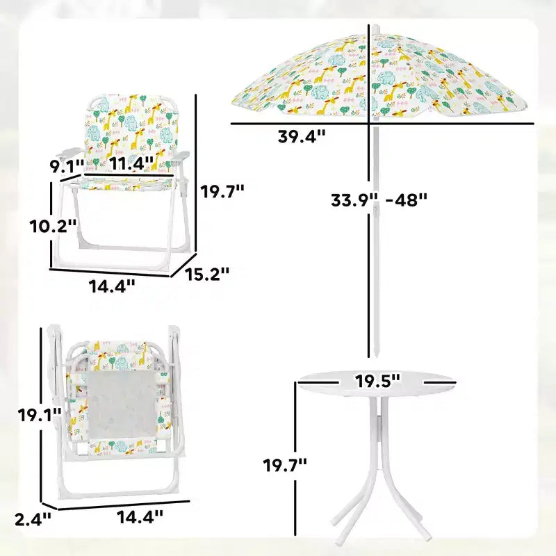 Set Tavolo e Sedie da Picnic per Bambini, Tavolo per Attività All'aperto con Sedie Pieghevoli, Ombrellone Rimovibile per Giardino