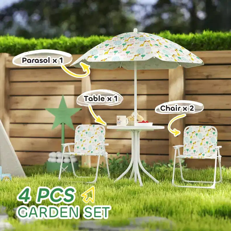 Set Tavolo e Sedie da Picnic per Bambini, Tavolo per Attività All'aperto con Sedie Pieghevoli, Ombrellone Rimovibile per Giardino