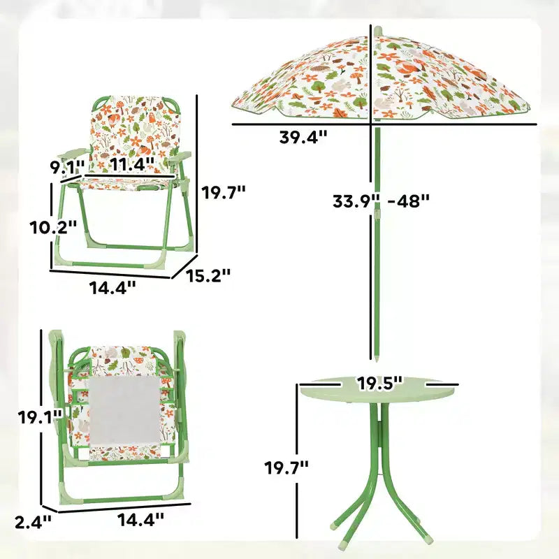 Set Tavolo e Sedie da Picnic per Bambini, Tavolo per Attività All'aperto con Sedie Pieghevoli, Ombrellone Rimovibile per Giardino