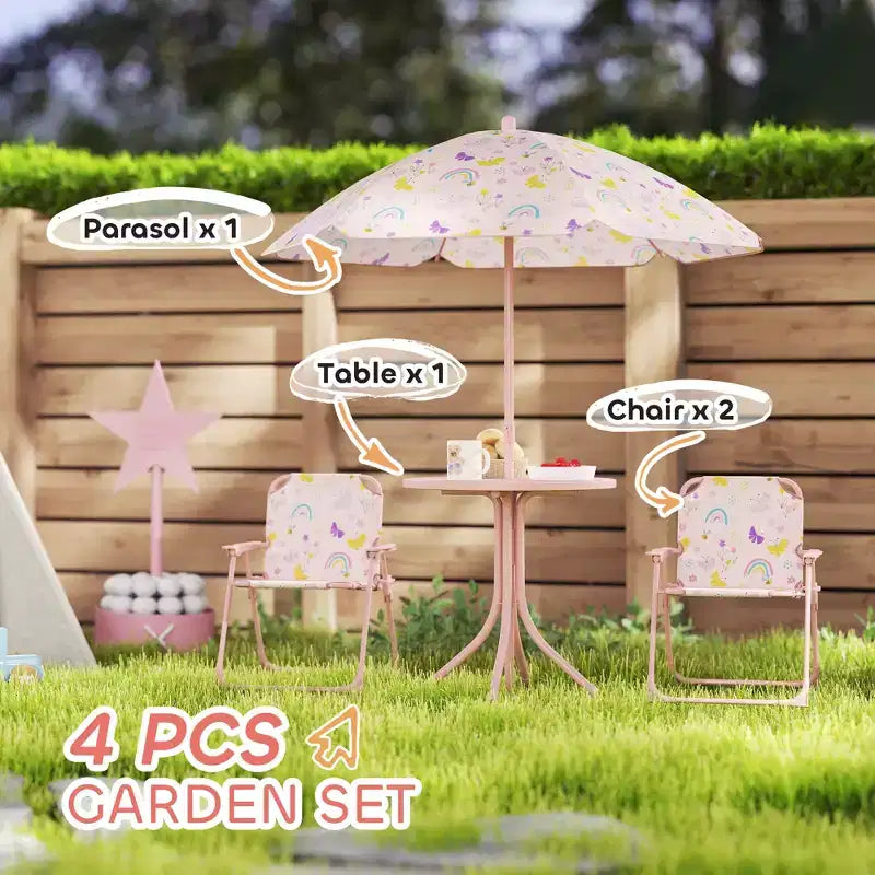 Set Tavolo e Sedie da Picnic per Bambini, Tavolo per Attività All'aperto con Sedie Pieghevoli, Ombrellone Rimovibile per Giardino
