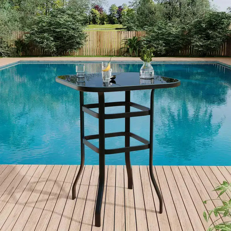 Set di mobili da bar da patio 5 pezzi, sgabelli girevoli, tavolo con piano in vetro in textilene blu, set di sedie da bar alte girevoli in textilene per tutte le stagioni