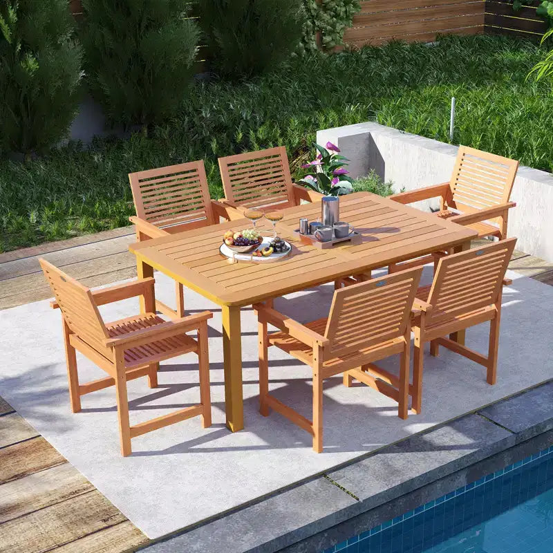 Set da pranzo da esterno Gymax con tavolo in legno a 7 pezzi, tavolo rettangolare e 6 poltrone