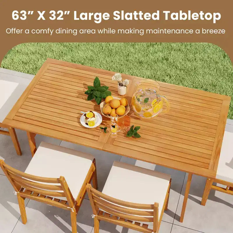 Set da pranzo da giardino Gymax 6 pz in legno di acacia con panca, foro da 5 cm per ombrellone e cuscini