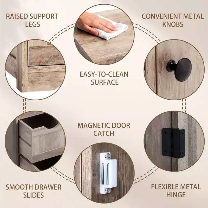 Mobiletto contenitore per bagno grigio effetto lavato con 4 cassetti e 1 anta