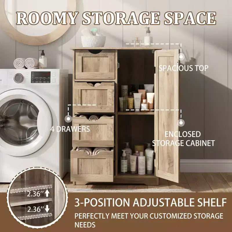 Mobiletto contenitore per bagno grigio effetto lavato con 4 cassetti e 1 anta