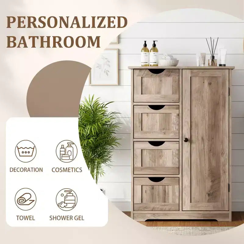 Mobiletto contenitore per bagno grigio effetto lavato con 4 cassetti e 1 anta