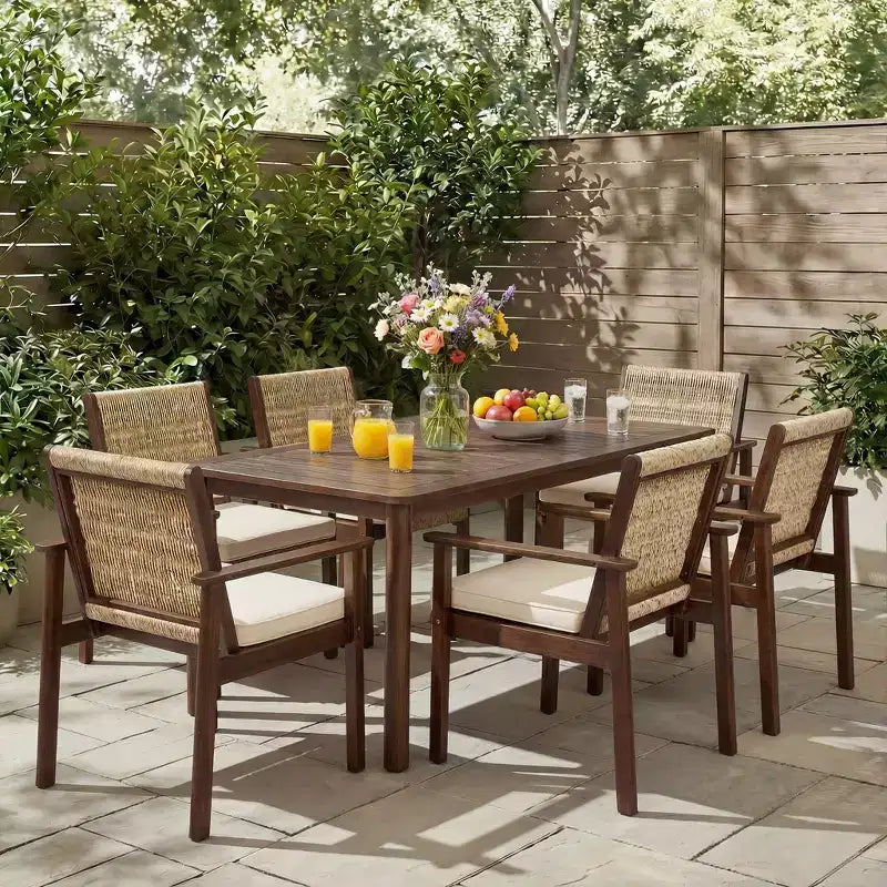 Christopher Knight Home Nadi Farmhouse Acacia Wood Upholstered Dining Set with 6 Wicker Backrest Chairs and Slatted Tabletop