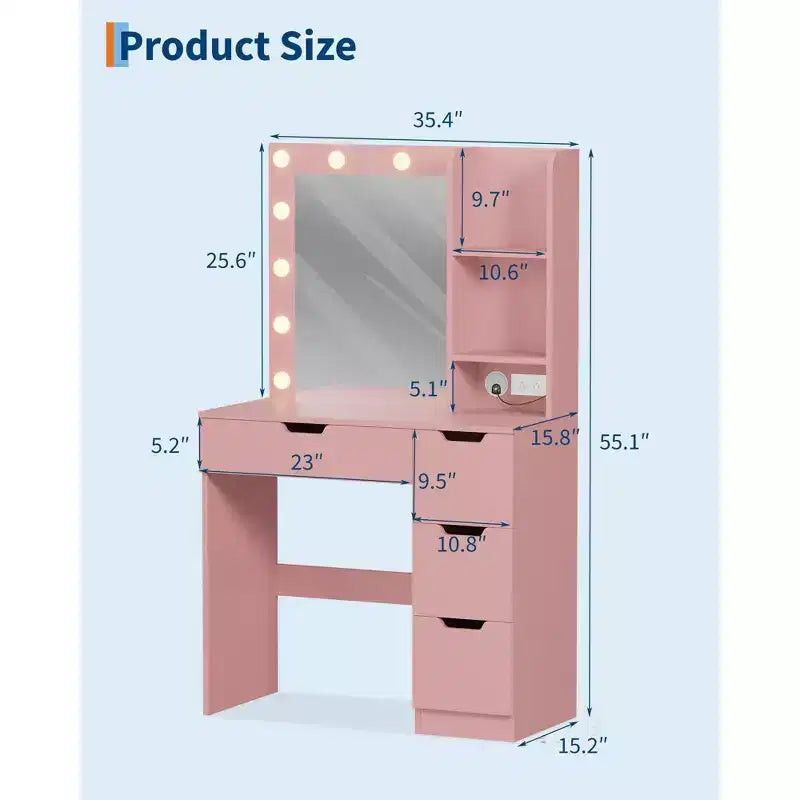 Toeletta, Comodino con Specchio e Luce, Presa di Corrente Integrata, Porta USB e Luce LED Regolabile, Toeletta da Camera da Letto