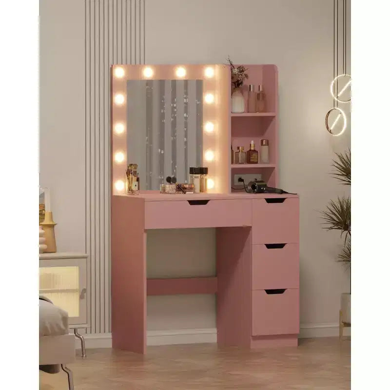 Toeletta, Comodino con Specchio e Luce, Presa di Corrente Integrata, Porta USB e Luce LED Regolabile, Toeletta da Camera da Letto