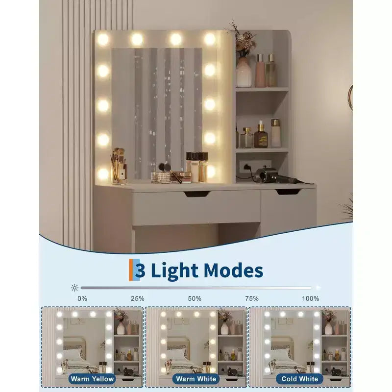Toeletta, Comodino con Specchio e Luce, Presa di Corrente Integrata, Porta USB e Luce LED Regolabile, Toeletta da Camera da Letto