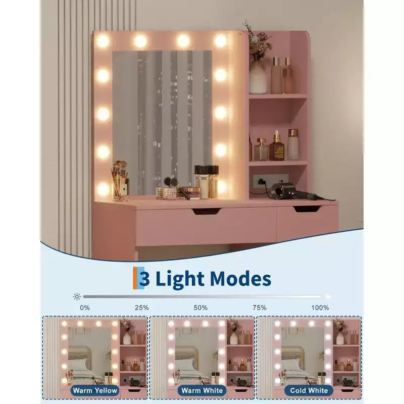 Toeletta, Comodino con Specchio e Luce, Presa di Corrente Integrata, Porta USB e Luce LED Regolabile, Toeletta da Camera da Letto