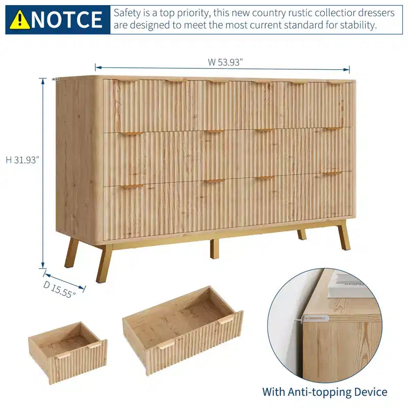 Cassettiera scanalata a 6 cassetti, mobile contenitore moderno in legno da 152 cm per camera da letto, soggiorno, ingresso