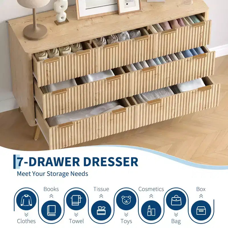 Cassettiera scanalata a 6 cassetti, mobile contenitore moderno in legno da 152 cm per camera da letto, soggiorno, ingresso