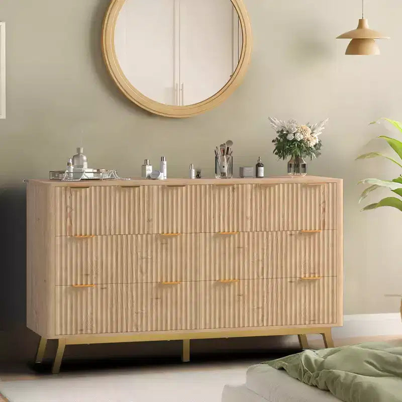 Cassettiera scanalata a 6 cassetti, mobile contenitore moderno in legno da 152 cm per camera da letto, soggiorno, ingresso