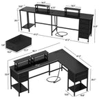 Scrivania a L per Computer Nera da 66 Pollici con Stazione di Ricarica, Scrivania da Gioco Lunga 94,4 Pollici per Due Persone, 4 Cassetti, 2 Supporti per Monitor, Contenitore per Ufficio Domestico