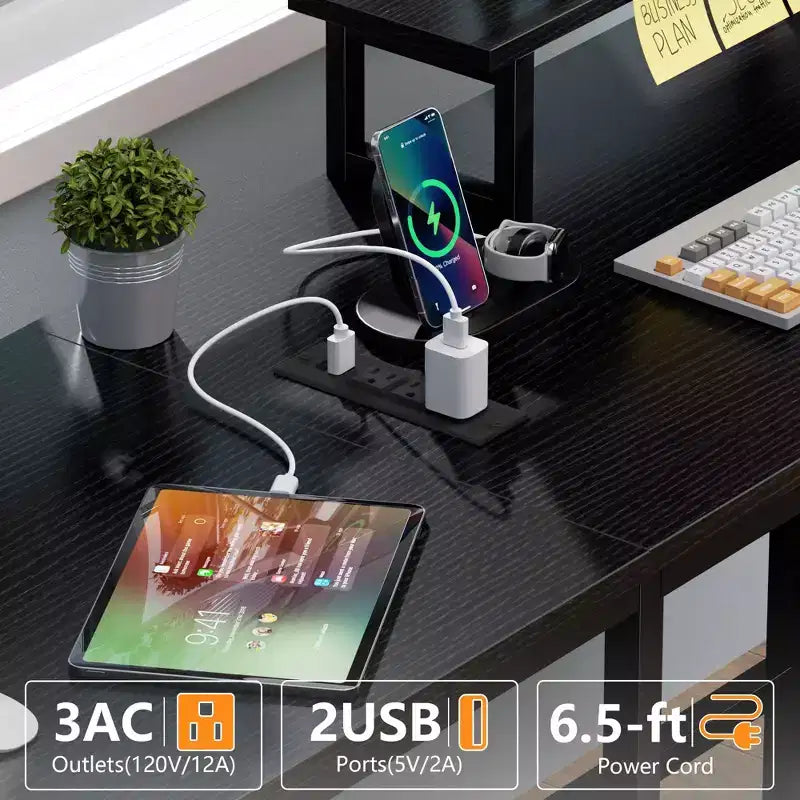 Scrivania a L per Computer Nera da 66 Pollici con Stazione di Ricarica, Scrivania da Gioco Lunga 94,4 Pollici per Due Persone, 4 Cassetti, 2 Supporti per Monitor, Contenitore per Ufficio Domestico
