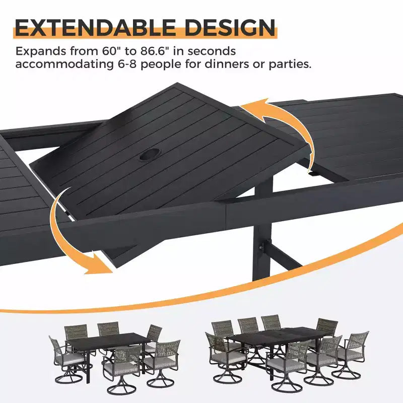 Table à manger extensible HAPPATIO pour extérieur, Table de patio en aluminium pour 4 à 8 personnes, Table rectangulaire thermolaquée avec trou pour parasol
