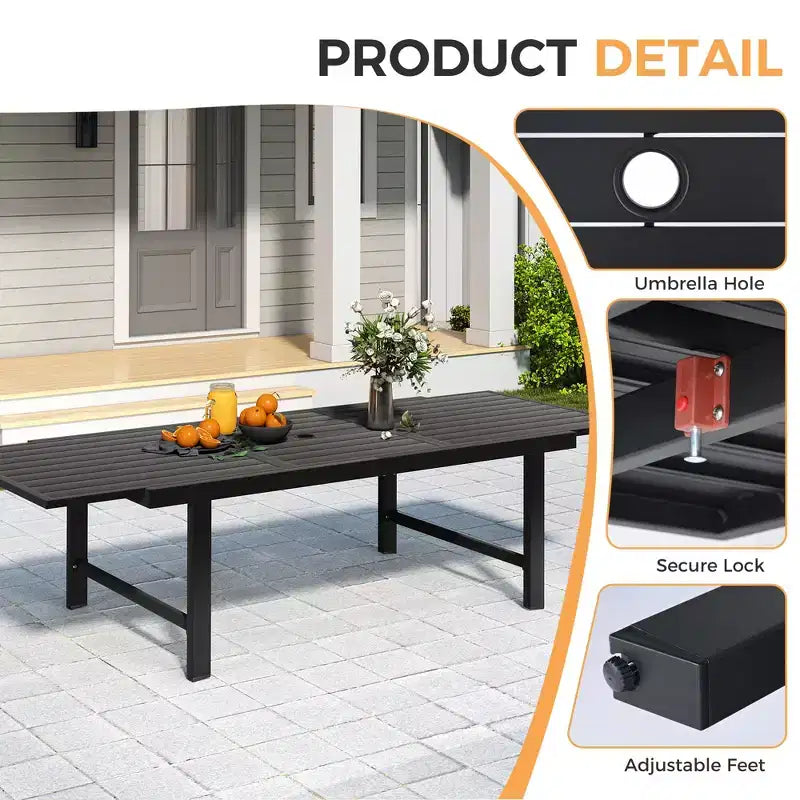 Table à manger extensible HAPPATIO pour extérieur, Table de patio en aluminium pour 4 à 8 personnes, Table rectangulaire thermolaquée avec trou pour parasol