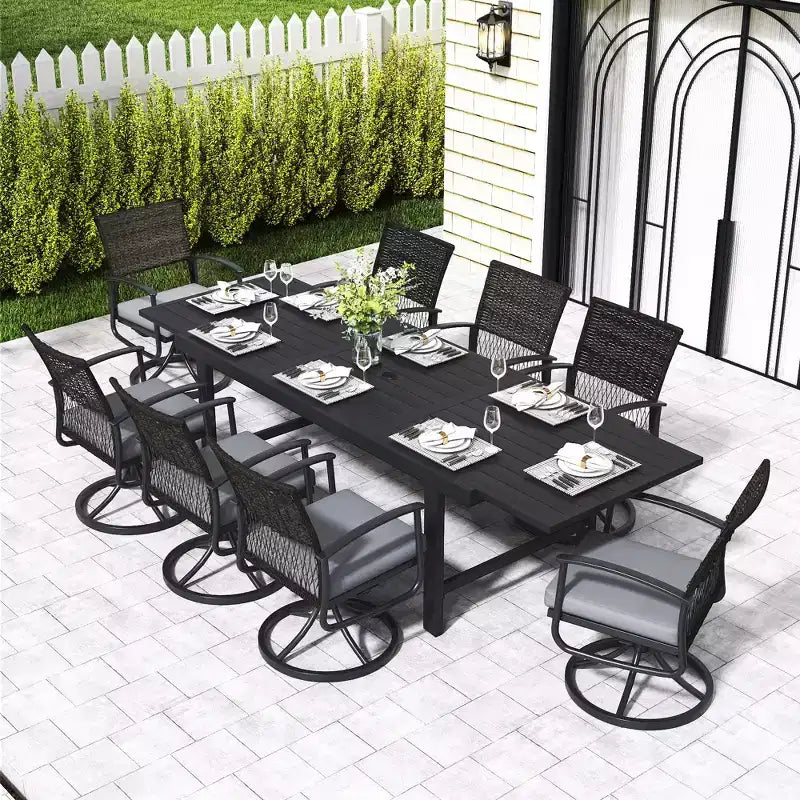 Table à manger extensible HAPPATIO pour extérieur, Table de patio en aluminium pour 4 à 8 personnes, Table rectangulaire thermolaquée avec trou pour parasol