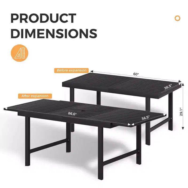 Table à manger extensible HAPPATIO pour extérieur, Table de patio en aluminium pour 4 à 8 personnes, Table rectangulaire thermolaquée avec trou pour parasol