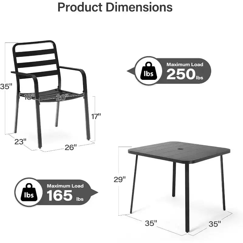 LAUSAINT HOME Ensemble repas de jardin 5 pièces pour 4 personnes, table carrée en métal noir de 89 cm avec trou pour parasol de 3,8 cm et 4 chaises empilables