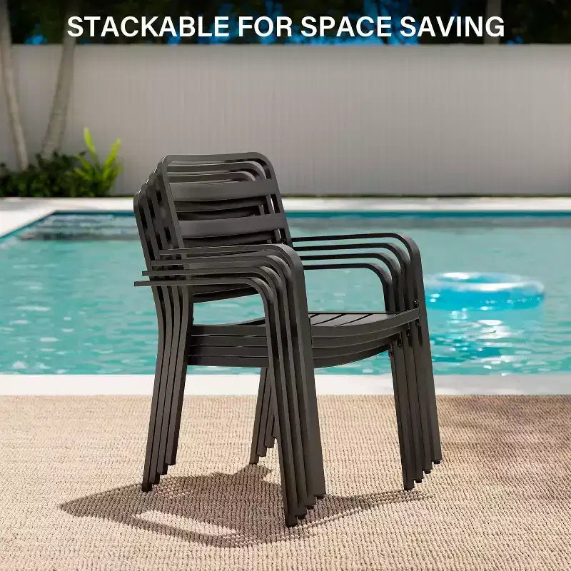 LAUSAINT HOME Ensemble repas de jardin 5 pièces pour 4 personnes, table carrée en métal noir de 89 cm avec trou pour parasol de 3,8 cm et 4 chaises empilables