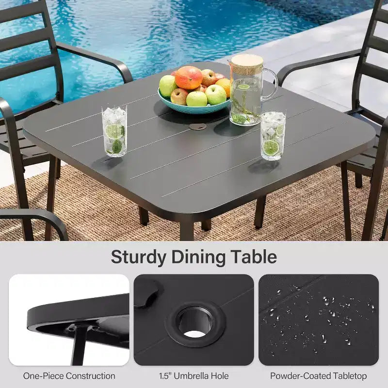 LAUSAINT HOME Ensemble repas de jardin 5 pièces pour 4 personnes, table carrée en métal noir de 89 cm avec trou pour parasol de 3,8 cm et 4 chaises empilables
