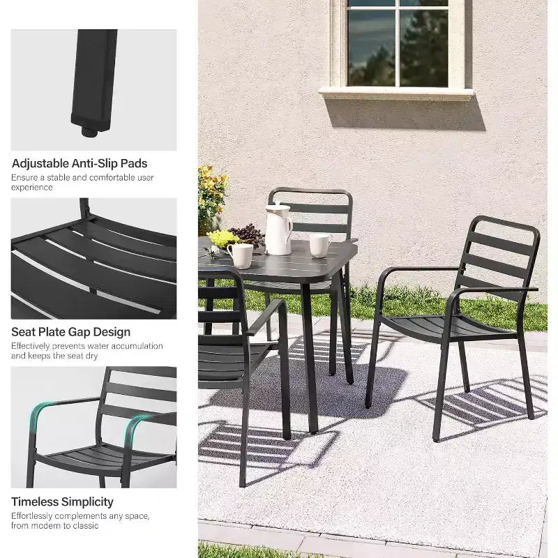 LAUSAINT HOME Ensemble repas de jardin 5 pièces pour 4 personnes, table carrée en métal noir de 89 cm avec trou pour parasol de 3,8 cm et 4 chaises empilables