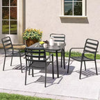 LAUSAINT HOME Ensemble repas de jardin 5 pièces pour 4 personnes, table carrée en métal noir de 89 cm avec trou pour parasol de 3,8 cm et 4 chaises empilables