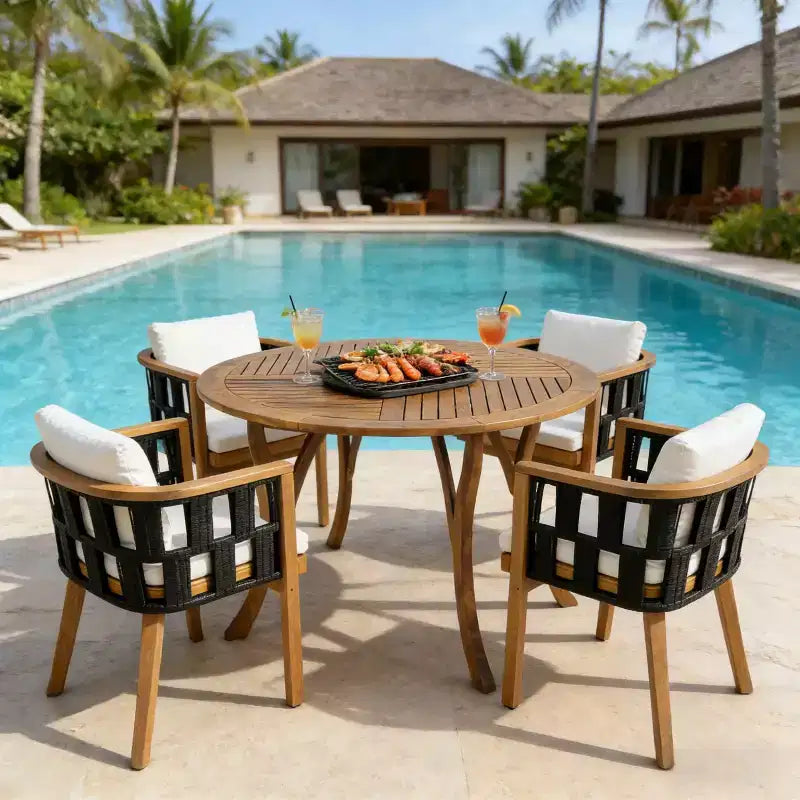 ModernLuxe Acacia Wood Patio Dining Set, Outdoor Dining Table and 4 Woven Rope Armchairs with Cream Cushions, Teak+Black